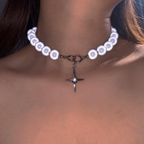 FFLACELL Unique Design Titanium Steel Luminous Pearl Necklace Reflective Cross Beaded Simple Clavicle Chain Women Party Jewelry