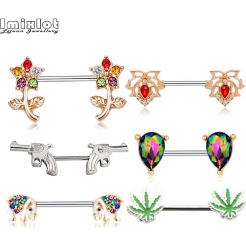 Imixlot 1 Pair 316L Surgical Steel Barbell Piercing Crystal Rhinestone Flower Leaf Nipple Ring Bar Body Jewelry
