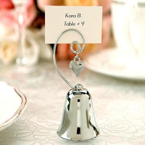 Wholesale Kissing Bells Place Card holder 50PCS/LOT Silver Bell with Dangling Heart Charm Wedding Event Party Supplies