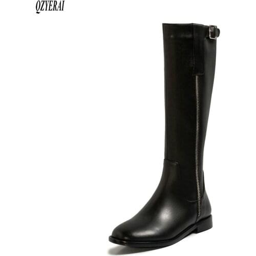 QZYERAI The knee boots Female boots Genuine leather black Womens boots Autumn winter Womens shoes Size 34-40