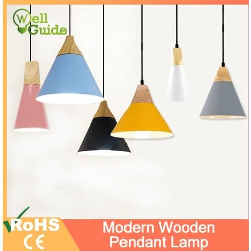 Modern Wooden Pendant Lamp Lamparas E27 E26 led lamp Colorful Aluminum shade Pendant Lamp Dining Room Lights For Home Lighting
