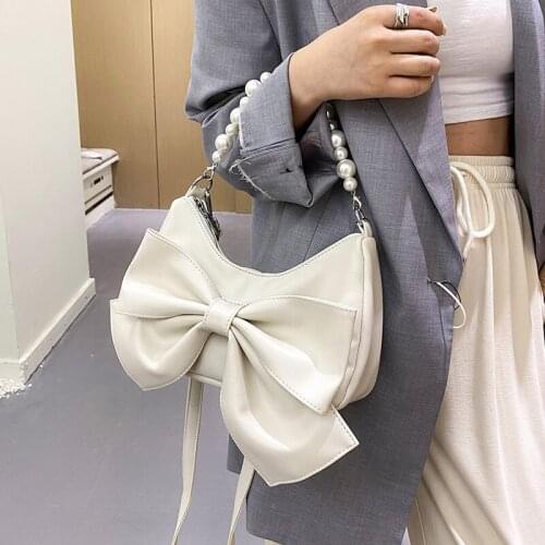 Soft Leather Cossbody Bags for Women Fashion Bow Messenger Bag Sac Vintage Pearl Handbag Women Bags Designer Shoulder Bag Simple
