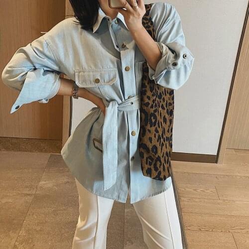 2021 Womens Denim Belted Shirt Blouses Za Woman Top Clothing Oversize Long Sleeve T-shirts Korean Fashion Cardigan Dress Spring