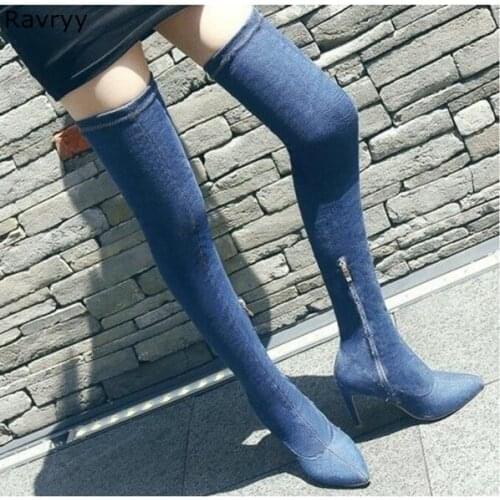Blue Denim Woman Long Boots Pointed toe Elastic over-the-knee Boots retro style thin heel Autumn Winter Fashion Female Shoes