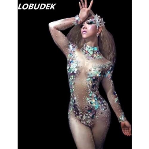 Sexy Female Jumpsuit Shining Crystals Colorful fish scale sequins Bodysuit singer dancer nightclub Bar Stage costumes DJ DS Show