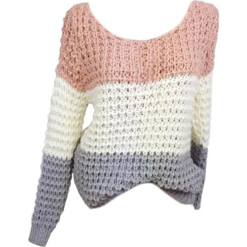 Women Chunky Crochet Knit Sweater Long Sleeve O-Neck Colorblock Loose Jumper Top New 2021