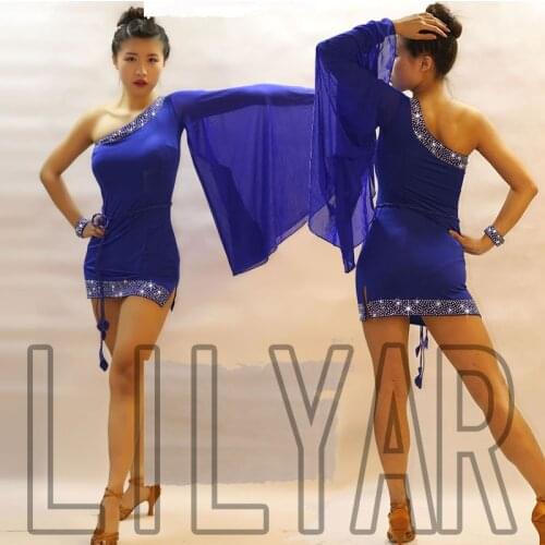 New Latin dance dress competition dress performance Dress Adult custom dark blue flash diamond elegant dance dress