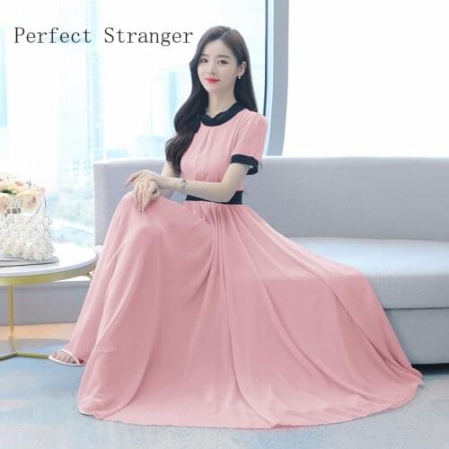 High Quality 2021 Summer Dress For Women Round Collar Solid Color Short Sleeve Women Chiffon Long Dress