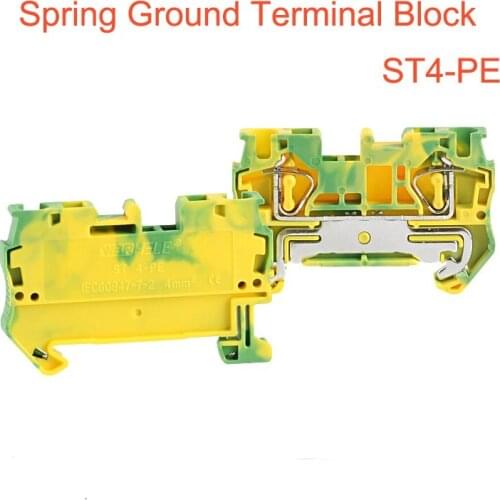 1pcs Spring Ground Terminal Blocks ST4-PE din rail yellow green earthing terminals block wire cable grounding connector 4mm2