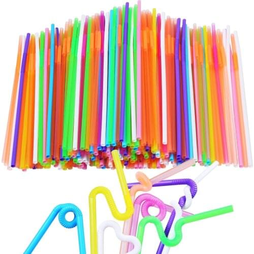 100 Pieces Flexible Plastic Straws Curved Straws Extra Long Colorful Disposable Drinking Straws