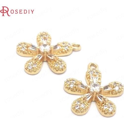 39791)6PCS 15x17MM 24K Champagne Gold Color Brass and Zircon Flower Charms Pendants Jewelry Making Supplies Diy Accessories