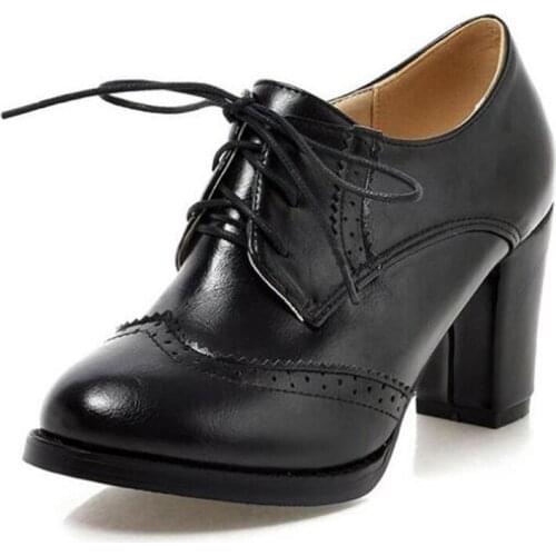 Redheaven Brand Vintage Lace Up Women Pumps Cut Out Oxford Shoes Chunky Heel Patent Leather High Heels Lady Ankle Boots