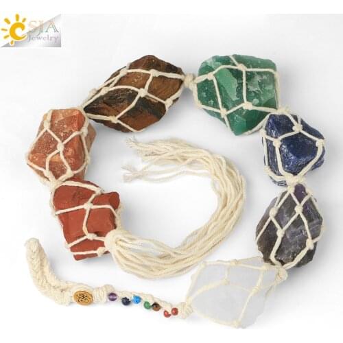 CSJA 7 Chakra Car Hanging Decoration Irregular Natural Stone Rope Wrapped Pendant Rose Crystal Quartz Wall Handmade Craft G795
