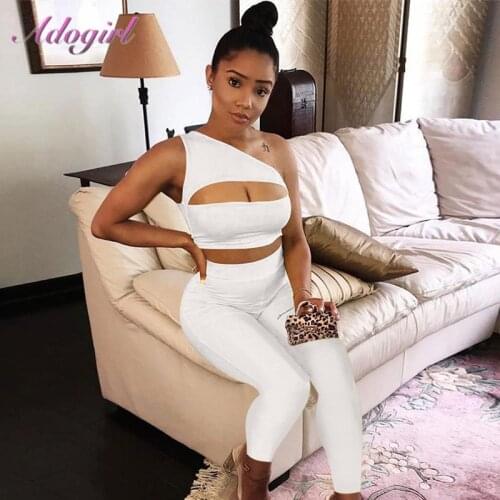 Yoga Two Piece Set Solid One Shoulder Hollow Out Women Tracksuit Bra Padded Tank Tops Leggings Pants Outfit Sporty Matching Set