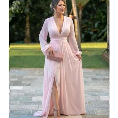 Elegant Pink Long Sleeves Deep V neck Plus Size Chiffon Wedding Guest Dress Bridesmaid Dresses
