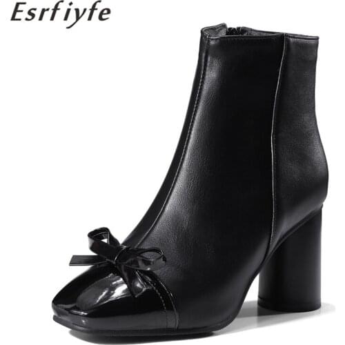 ESRFIYFE 2020 New Brand Side Zipper Boots Woman Square Toe Ankle Botines Winter Thick High Heels PU Leather Flock Martin Booties