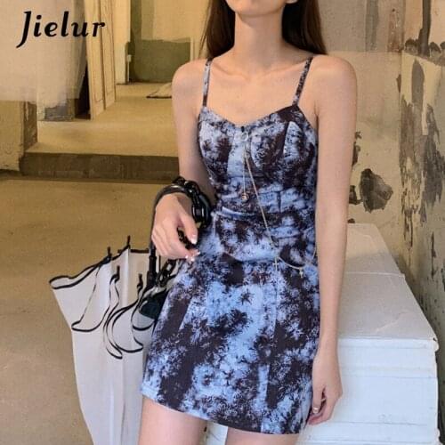 Jielur Retro Tie-dye Suspender Dress for Womens Blue A-line Printed Mini Dresses Femme Sleeveless Streetwear Camisole Dress S-L