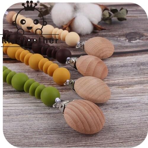 Kissteether Food Grade Silicone Beads Pendant Beech Wooden Pacifier Without BAP Holder Chain Clip For Baby Newborn Boy Girl