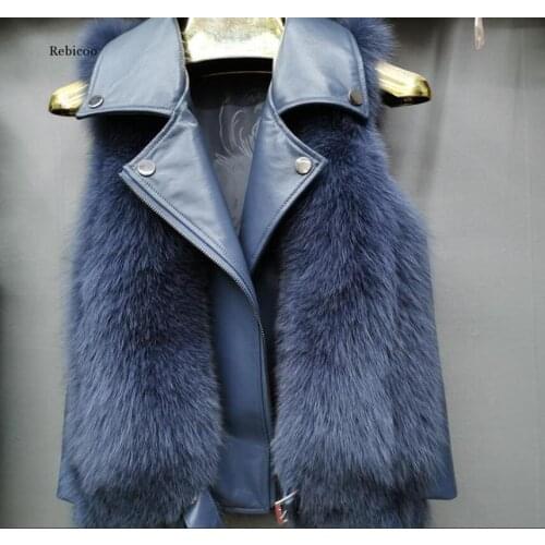 Hot new fake fox fur long vest black fox fur gilet winter high quality women fox with PU sheepskin leathe