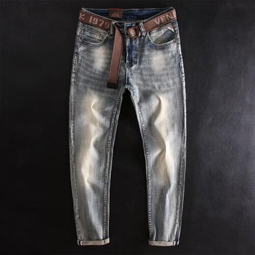 Italian Style Fashion Men Jeans Retro Gray Blue Elastic Slim Fit Ripped Jeans Men Spliced Vintage Designer Casual Denim Pants