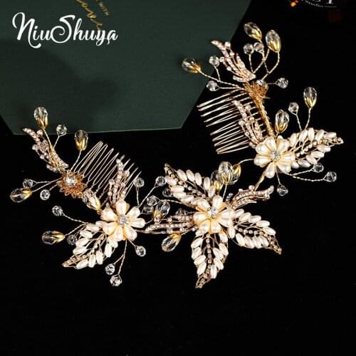 NiuShuya Wedding Headdress Pearl Hairband Gold Flower Handmade Headbands Hairstick Bride Hair Jewelry Hair Comb