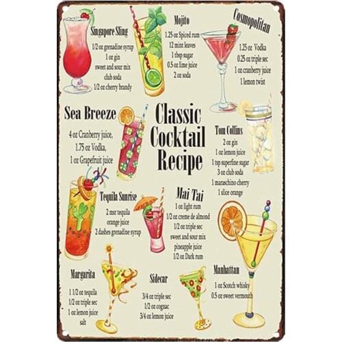 Original Vintage Design Classic Cocktail Recipe Tin Metal Sign Wall Art, Thick Tinplate Wall Decoration for Bar/Kitchen
