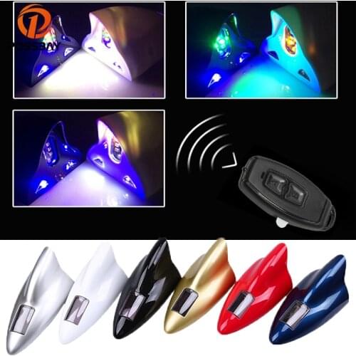 POSSBAY Car Roof Radio Signal Aerials Shark Fin Antenna LED Warning Tail Light Solar Power Antennas with Remote Control