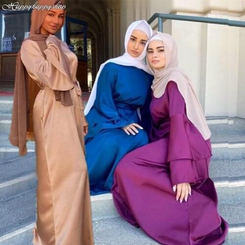 Ramadan EID Satin Abaya Flare Sleeve Dress Muslim Islamic Belted Gown Robes Dubai Cocktail Party Slim Dresses African Clothing