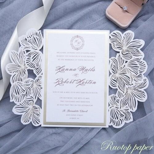 Luxury hard cover lasert cut wedding invitations with pocket wholesale Simple and Elegant Oem greeting Card