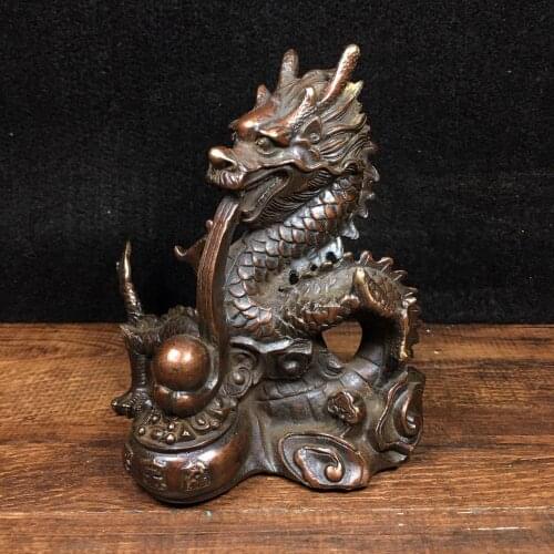 5"Tibet Buddhism Temple Old Bronze Cinnabars Dragon statue Dragon Spit Bead Sitting in a cornucopia Lucky fortune Town House