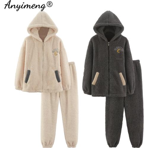 Hoodies Pajamas Set for Couple Korean Minimalist Style Winter Thick Pajama for Men Kawaii Warm Pjs for Women Preppy Sleepwear