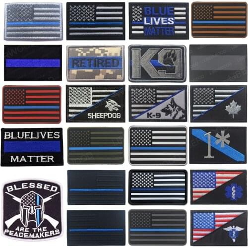 US Flag Embrodiered Patches Law Enforcement Officer Swat Tactical Military K9 Rubber PVC Thin Blue Line Police Patch Badges