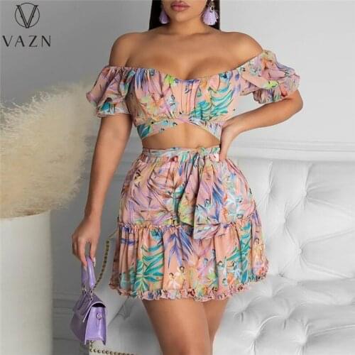 VAZN 2021 Slash Neck Bikini Vocation Beach Special Bandage 2 Piece Set Summer Women Short Sleeve Top And Mini Skirt