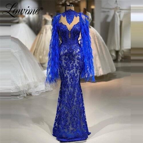 Dubai Arabic Evening Dresses 2020 Royal Blue Feather Mermaid Lace Evening Wear Plus Size Long Formal Party Gowns Prom Dress Robe
