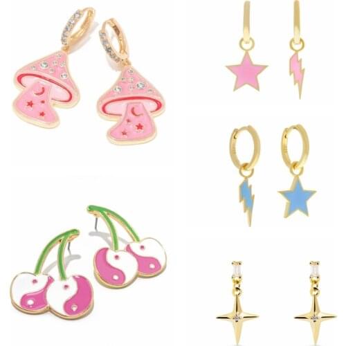 Viny 2021 Trend Enamel Earring Pendiente 925 Sterling Silver Earrings For Women Star Lightning Cherry Love Mushroom Stud Earring