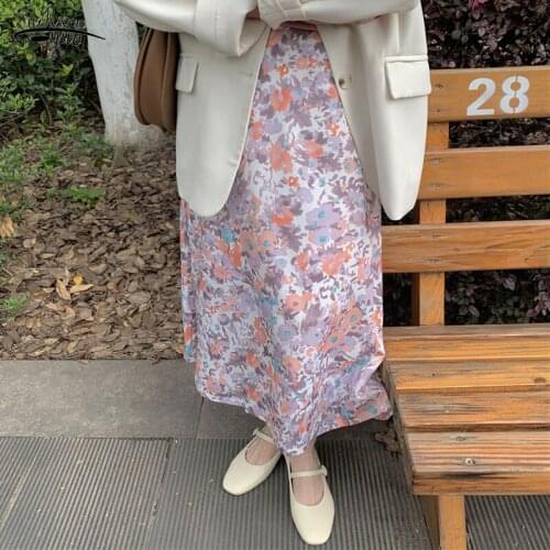 High Waist A-line Women Skirts 2021 Summer Vintage Skirts Elastic Skirt Woman Midi Length Lining Print Floral Female 9945
