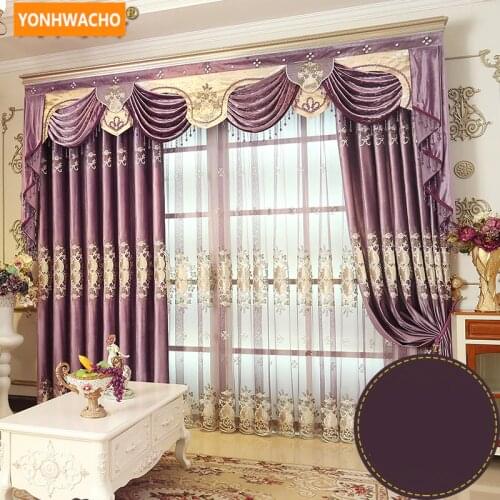 Custom curtains High-quality luxury France embroidery thick chenille purple cloth blackout curtain tulle valance drape N762