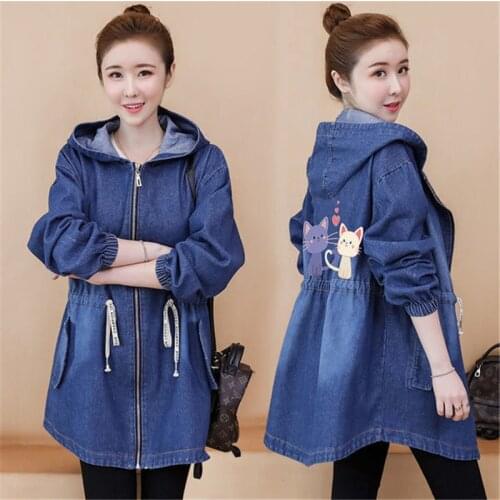 2021 Spring Autumn Oversized 5XL Women Hooded Denim Windbreaker Vintage Zipper Back Print Jeans Jacket Casual Coat Abrigo Mujer