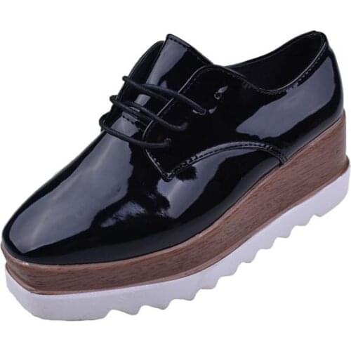 Women Ankle Boots Spring Casual Solid Flat Women Shoes Patent Leather Lace-up Boots Flat Platforms British Style Ladies Oxford
