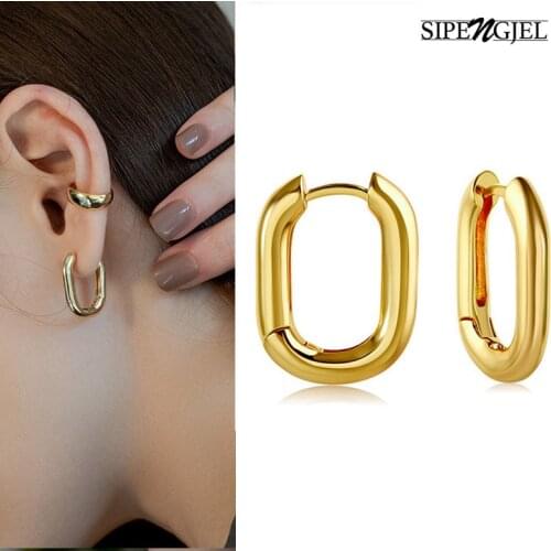 SIPENGJEL Fashion Metal Oval Geometric Earrings Gold Color Vintage Hoop Earing For Women Wedding Party Gift Jewelry 2021