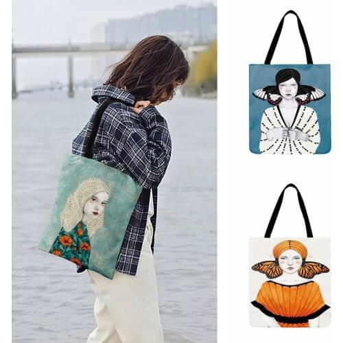 Ladies Shoulder Bags Fashion Butterfly Girl Oil Painting Print Tote Bag For Women Casual Totes Shopping Bags Outdoor Beach Bags