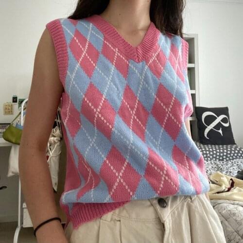 2021 Fashion Argyle Knitted Sweater Vest Women Casual Korean Style Pullover Elasticity Tops Spring Autumn Winter Tank Tops