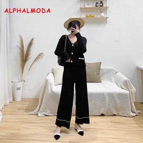 ALPHALMODA V-collar Jacket + Broad-legged Pants Spring Fashion 2pcs Knitting Suit Women Comfortable Sweater Cardigan Trouser Set