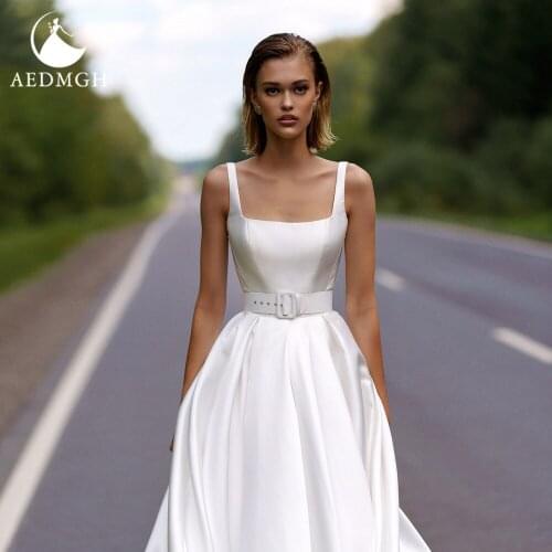 Aedmgh A-Line Satin Wedding Dresses 2021 Scalloped Spaghetti Straps Sleeveless Vestido De Novia Chic Sashes Robe De Marige