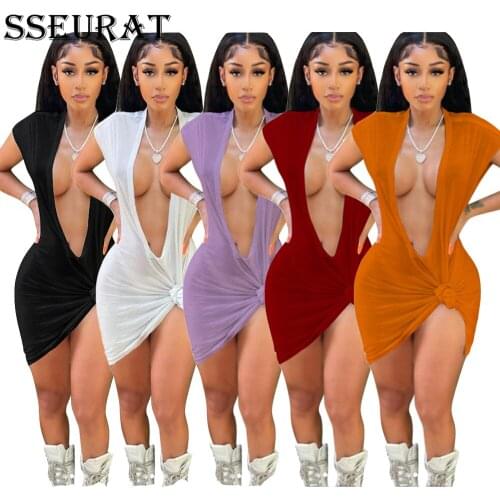 SSEURAT Women Dress Solid Short Sleeve Low V-neck Stretchy Bodycon Mini Dresses Sexy Fashion Vestidos Summer Outfits