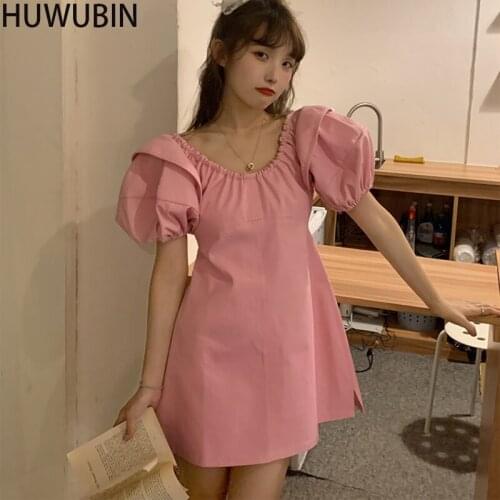 2021 Summer New Korean Womens Unique Round Neck Casual Versatile Bubble Sleeve Waist Fashion Dress