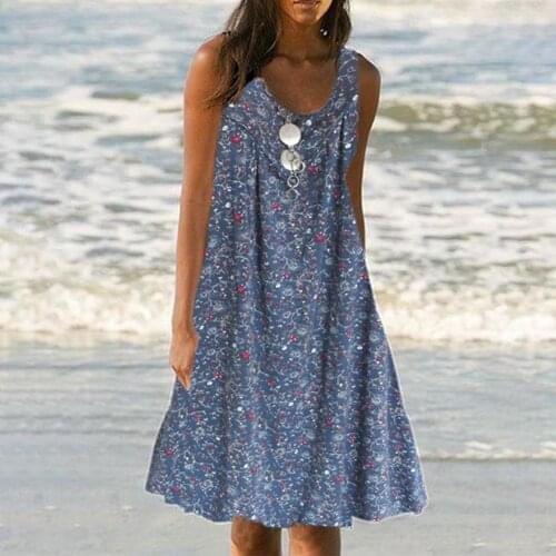 New Summer Women Boho Sleeveless O Neck Floral Print Large Hem Loose Knee-length Casual Beach Tank Dress