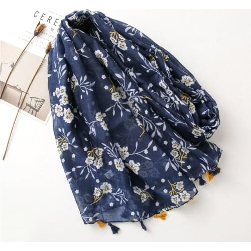 2021 Floral Viscose Shawl Scarf Women Autumn Navy Blue Abstract High Quality Print Wrap Pashmina Snood Bufandas Muslim Hijab