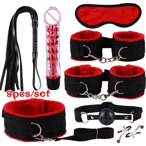 Bdsm stuff 8 pcs under the bed restraint kit handcuffs vibrator plug red restraints bdsm sex scrotum bondage sex game bondage