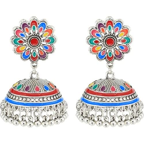 Bollywood Oxidized Silver Color Flower jhumka Jhumki Ethnic Earrings Jewelry for Women Big Tassel Afghan Indian Drop Earring